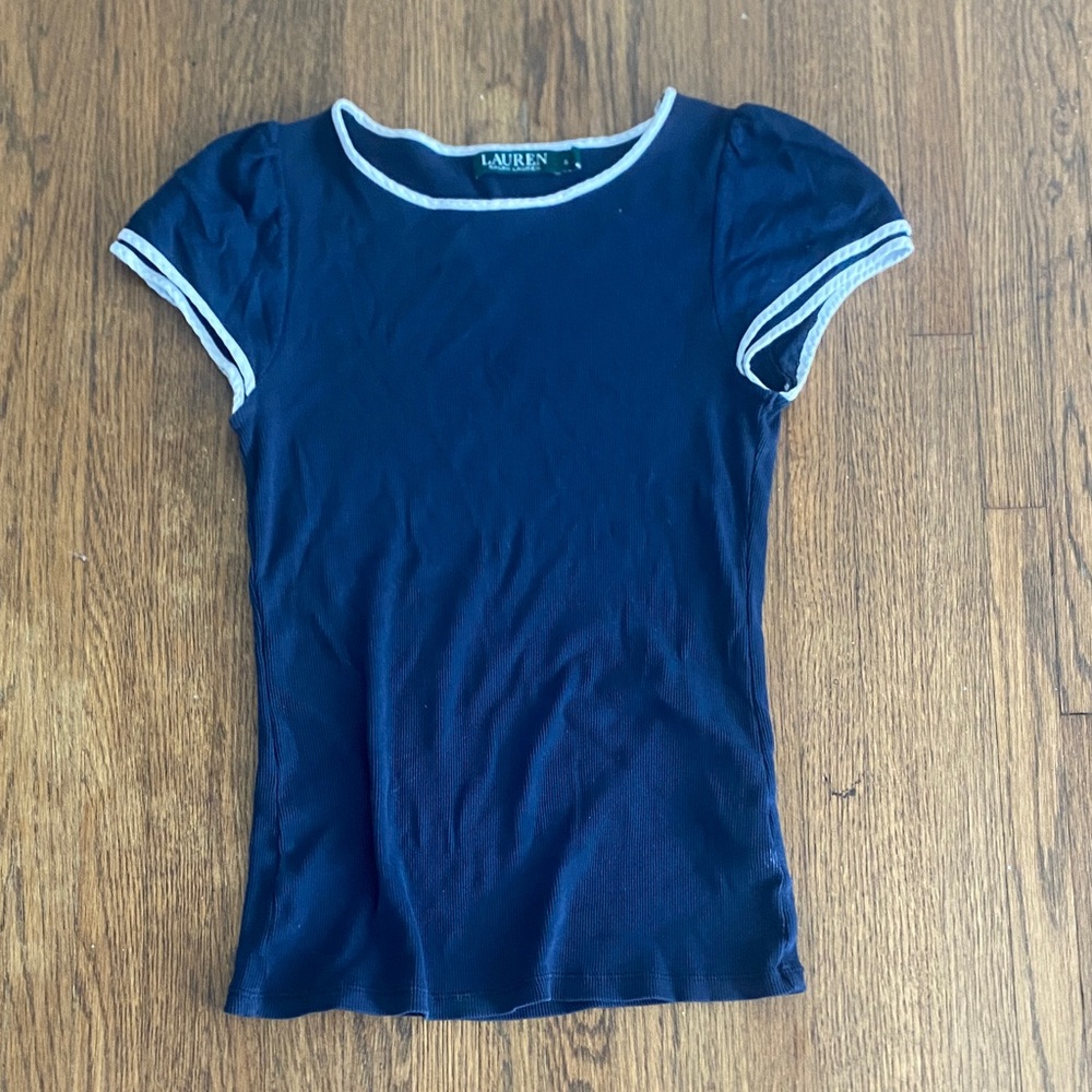 Lauren Ralph Lauren Navy Blue Tee with White Edging excellent condition